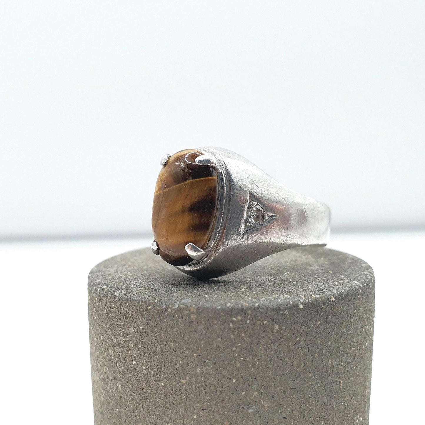 Vintage Solid Silver Tiger Eye & CZ Signet Ring Brown Gemstone Large Mens Womens Unisex Jewellery Jewelry
