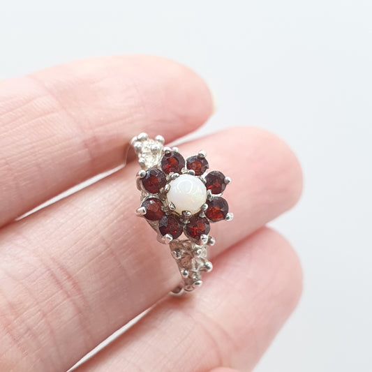 Vintage Sterling Silver Garnet & Opal Cluster Ring Red Gemstone 1979 Hallmark Womens Girls Jewelry Jewellery