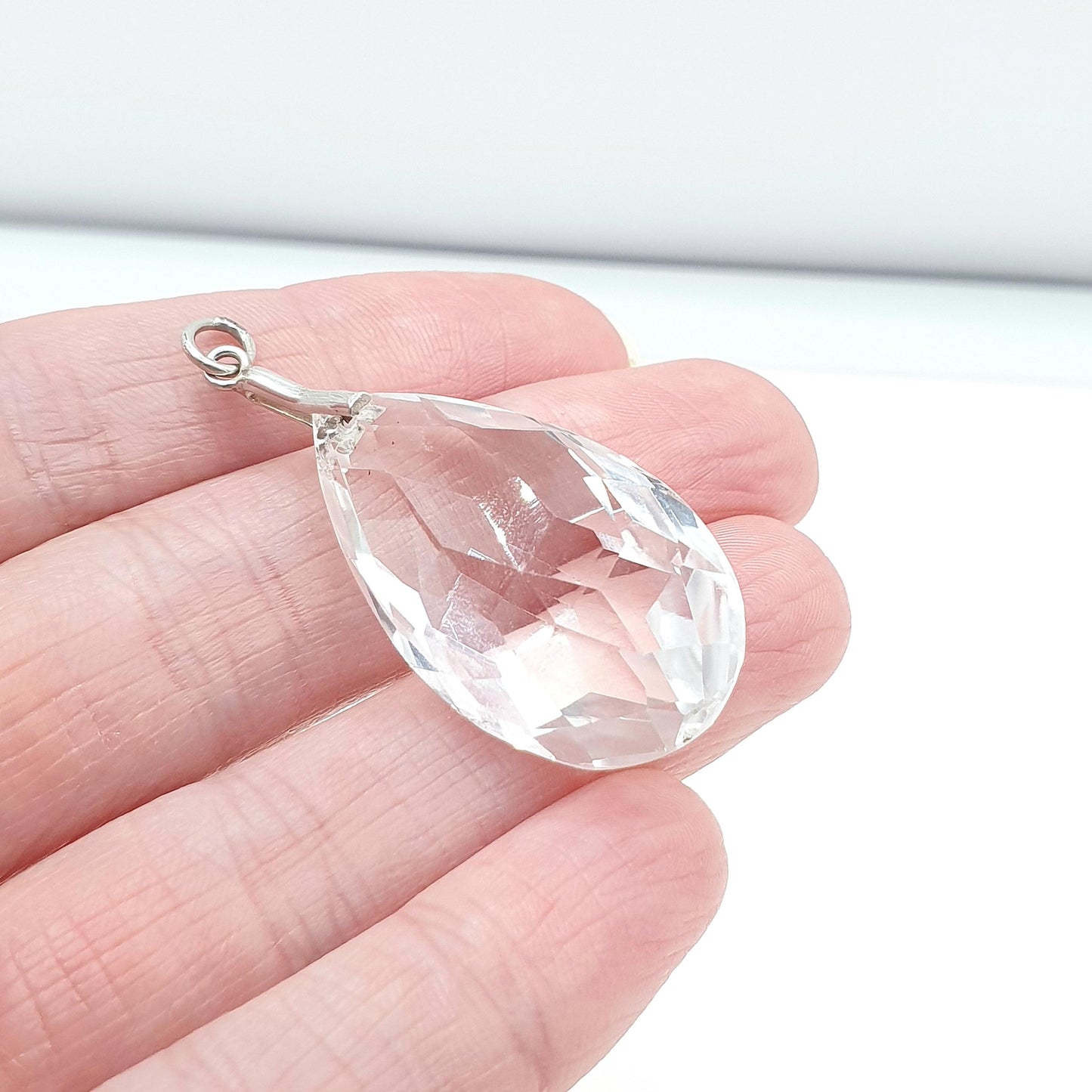 Antique Solid Silver Rock Crystal Pendant Faceted Pear Gemstone Quartz Womens Necklace Jewelry Jewellery