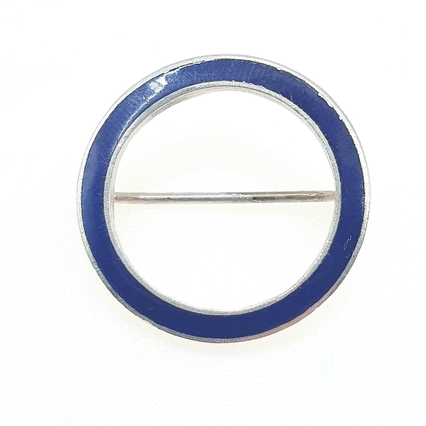 Antique Solid Silver Blue Enamel Circle Brooch Edwardian 1900s Round Womens Mens Unisex Jewelry Jewellery Vintage