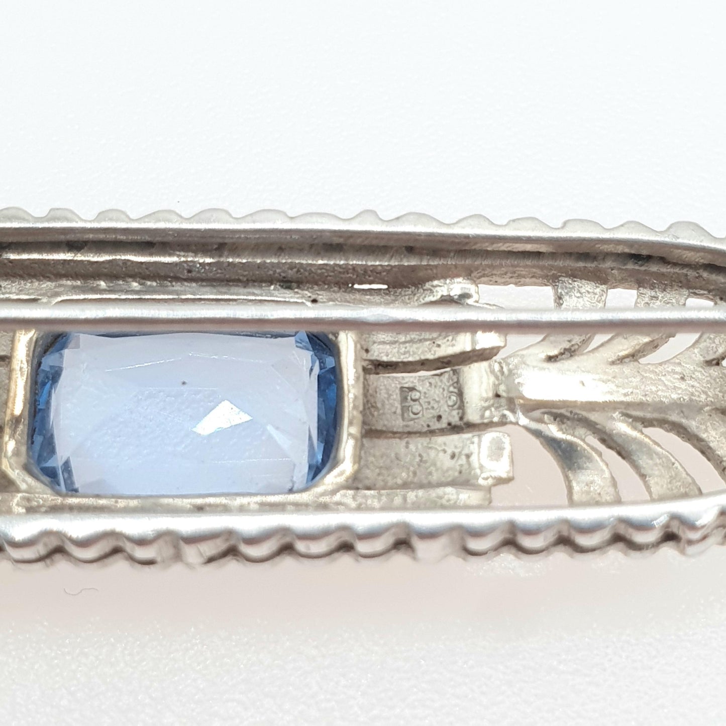 Antique Art Deco Solid Silver Blue Spinel Brooch Rectangle Cut Blue Gemstone Womens Ladies Jewelry Jewellery