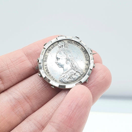 RESERVED/SOLD DON Antique Sterling Silver 1887 Coin Sixpence Brooch Queen Victoria Coins Unisex Womens Mens