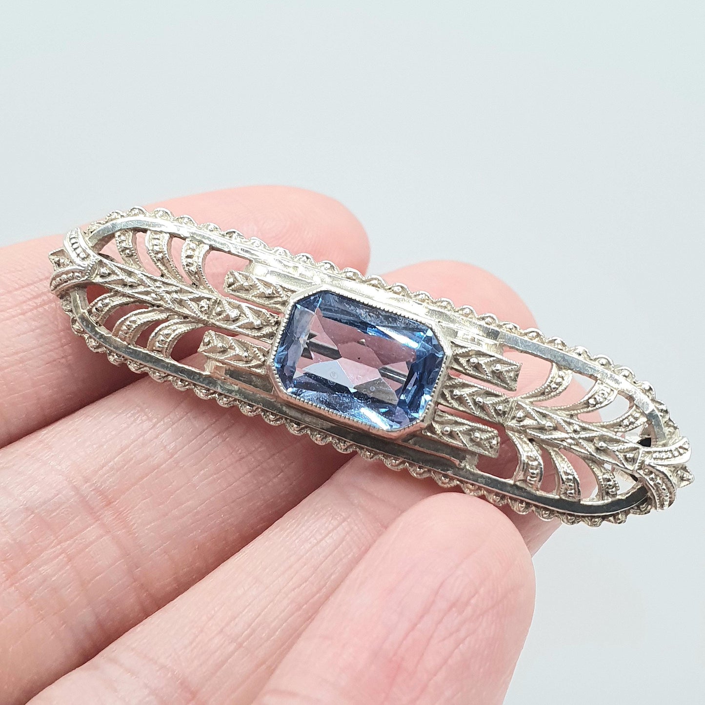 Antique Art Deco Solid Silver Blue Spinel Brooch Rectangle Cut Blue Gemstone Womens Ladies Jewelry Jewellery