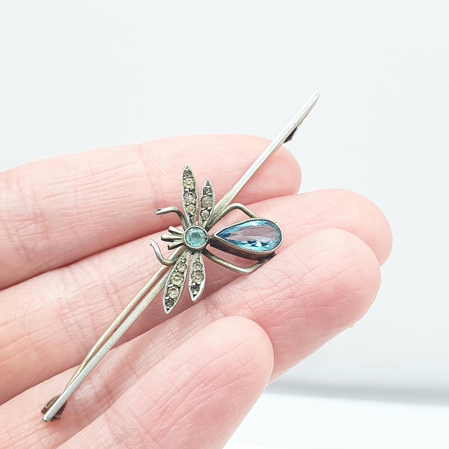 Antique Aquamarine & Diamond Paste Insect Brooch Bug Insect Silver Tone Base Metal Womens Jewelry Jewellery