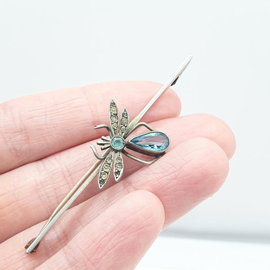 Antique Aquamarine & Diamond Paste Insect Brooch Bug Insect Silver Tone Base Metal Womens Jewelry Jewellery