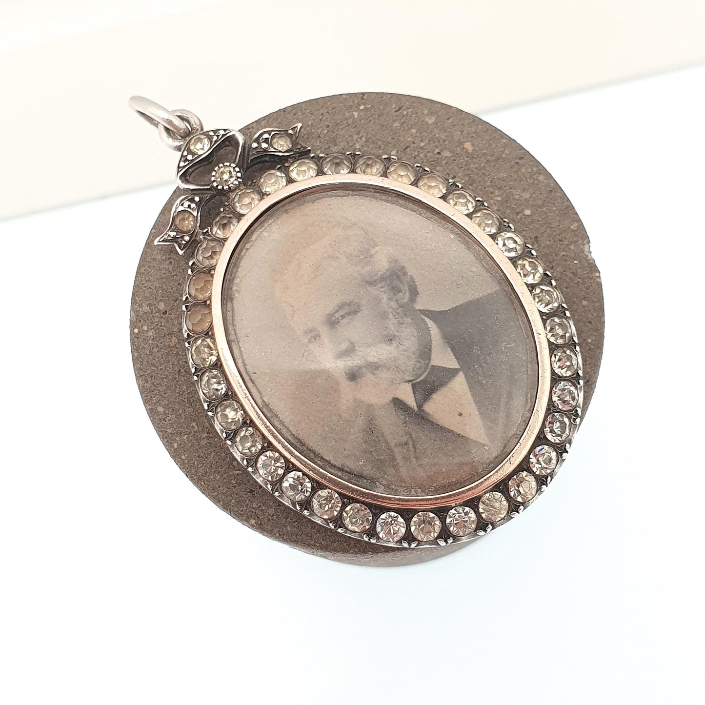 Antique Sterling Silver Diamond Paste Locket Pendant Edwardian PARISIAN DIAMOND COMPANY Oval Bow Necklace Picture Photo Double Sided Vintage