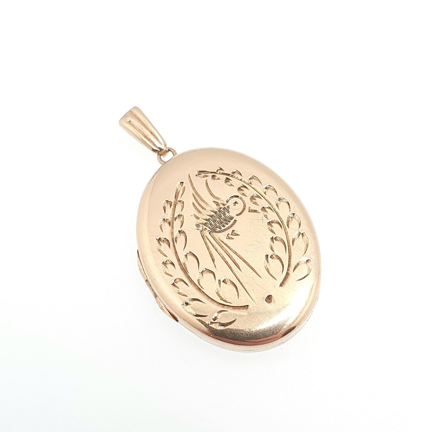 Vintage 9ct Gold Bird Locket Solid 9k 375 All Gold Oval Pendant 1970 Hallmark Gift Necklace Jewelry Womens Jewellery