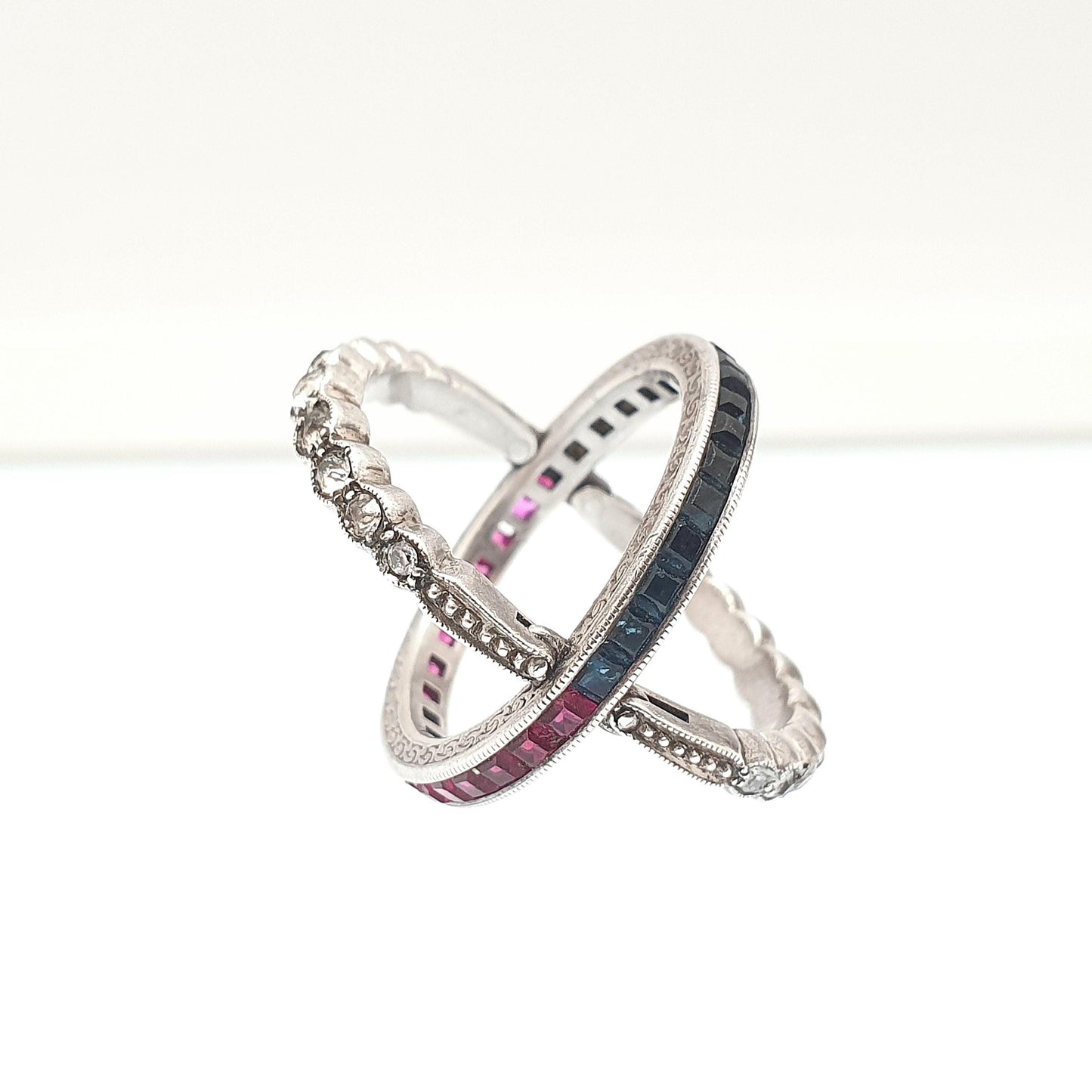Antique Day & Night Ring Sterling Silver Paste Channel Set Blue Sapphire Ruby and Diamond Pastes Eternity Ring Flip Over Hinge