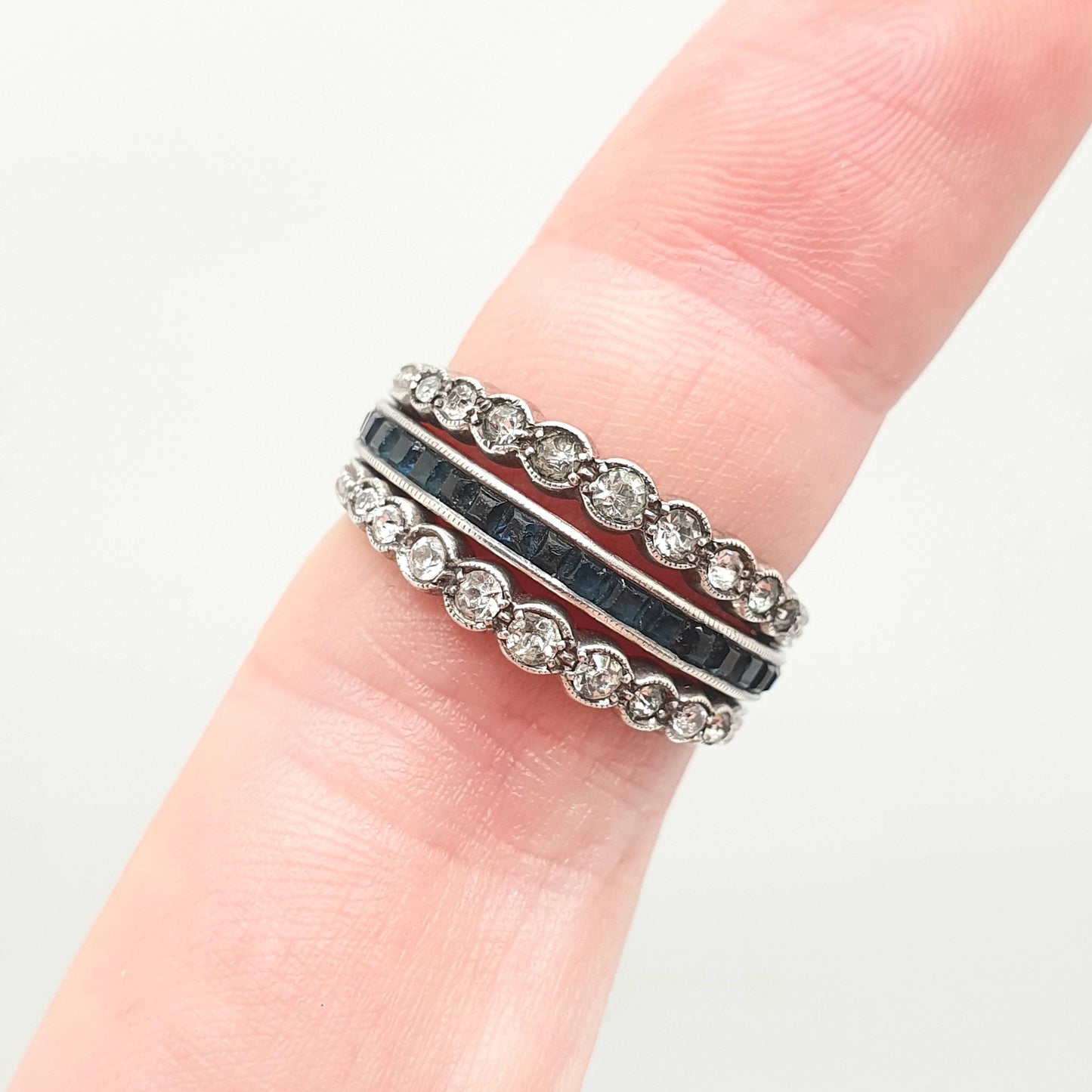 Antique Day & Night Ring Sterling Silver Paste Channel Set Blue Sapphire Ruby and Diamond Pastes Eternity Ring Flip Over Hinge