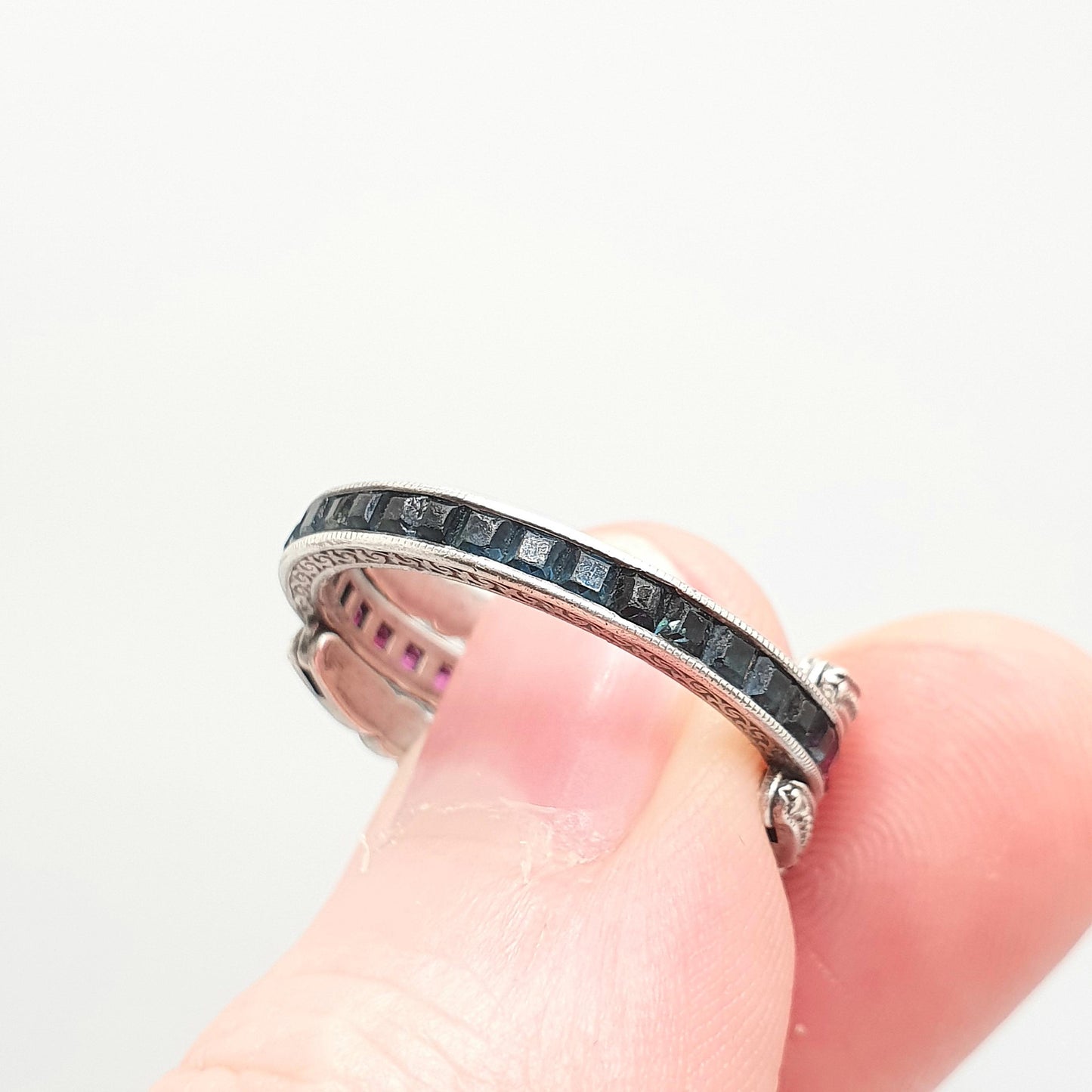 Antique Day & Night Ring Sterling Silver Paste Channel Set Blue Sapphire Ruby and Diamond Pastes Eternity Ring Flip Over Hinge