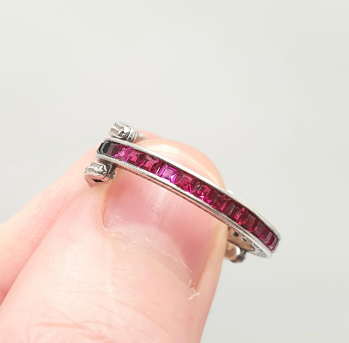 Antique Day & Night Ring Sterling Silver Paste Channel Set Blue Sapphire Ruby and Diamond Pastes Eternity Ring Flip Over Hinge
