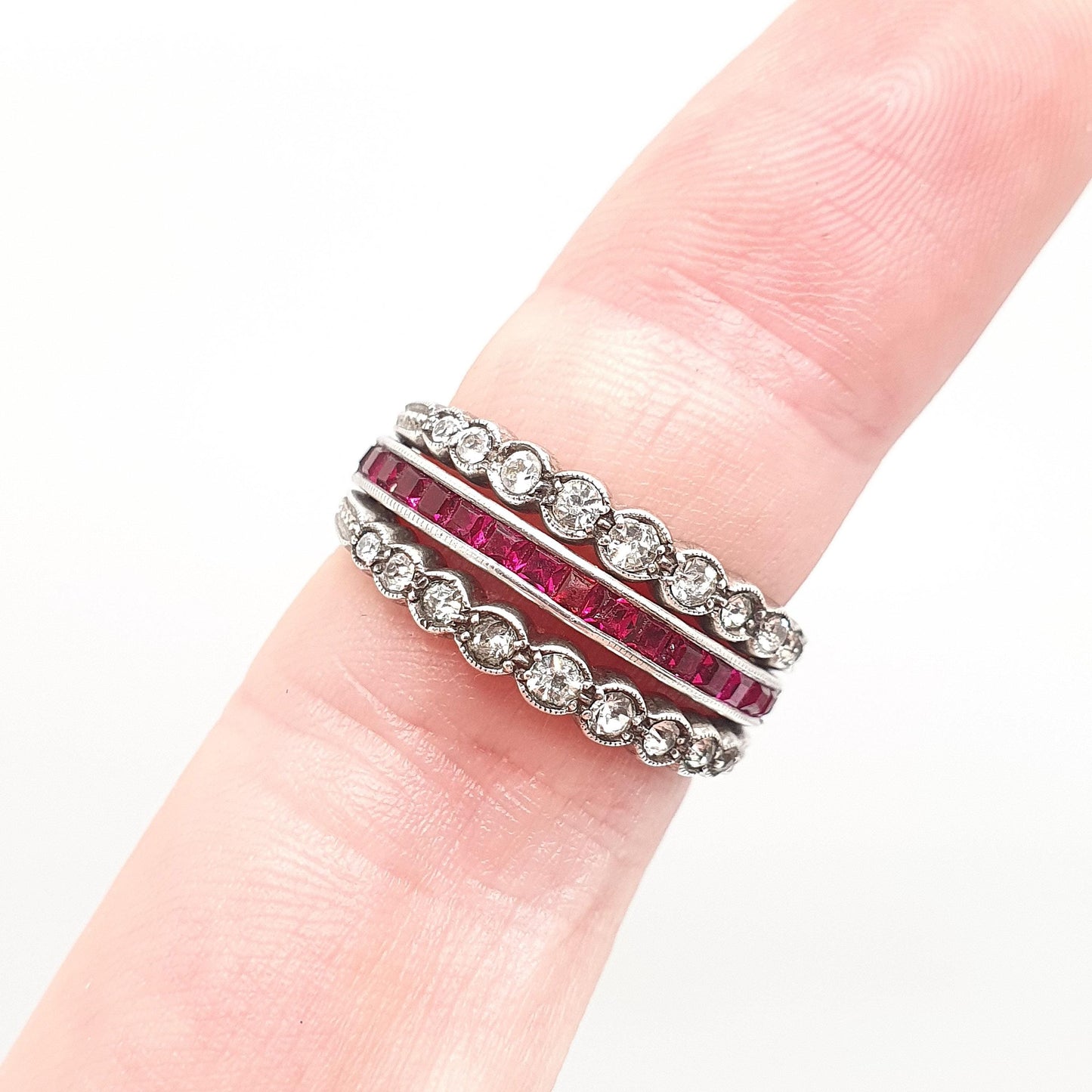Antique Day & Night Ring Sterling Silver Paste Channel Set Blue Sapphire Ruby and Diamond Pastes Eternity Ring Flip Over Hinge