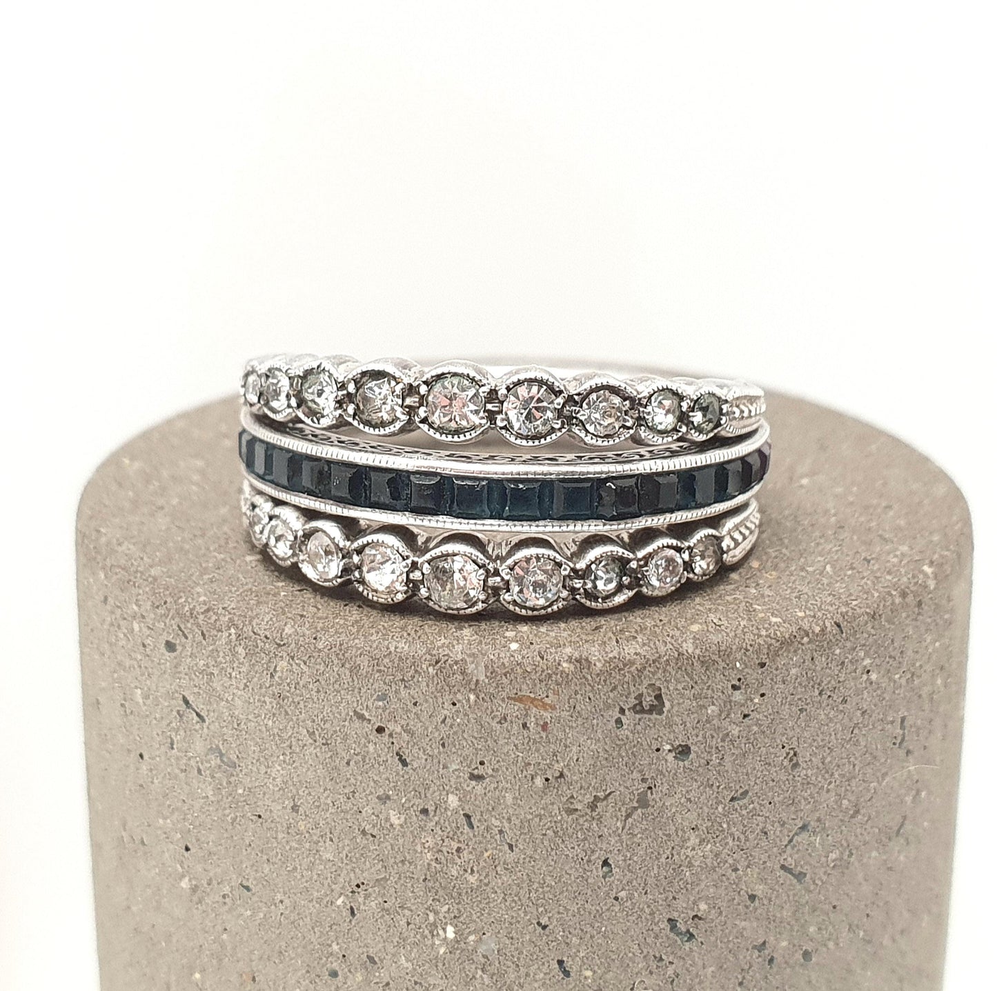 Antique Day & Night Ring Sterling Silver Paste Channel Set Blue Sapphire Ruby and Diamond Pastes Eternity Ring Flip Over Hinge