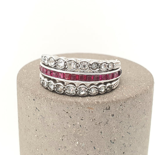 Antique Day & Night Ring Sterling Silver Paste Channel Set Blue Sapphire Ruby and Diamond Pastes Eternity Ring Flip Over Hinge