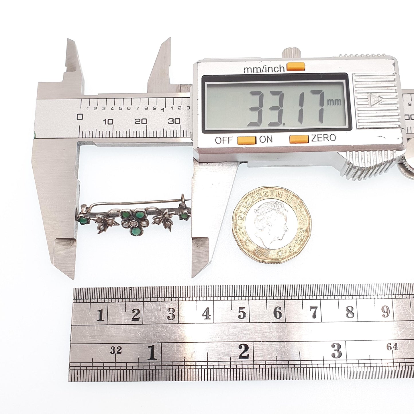 Antique Solid Silver Turquoise Brooch Victorian Bar Pin Seed Peal Flower Forget Me Not Natural Gemstone Jewelry Jewellery Vintage