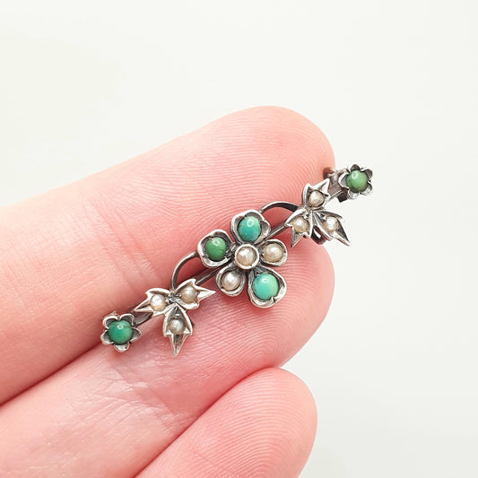Antique Solid Silver Turquoise Brooch Victorian Bar Pin Seed Peal Flower Forget Me Not Natural Gemstone Jewelry Jewellery Vintage