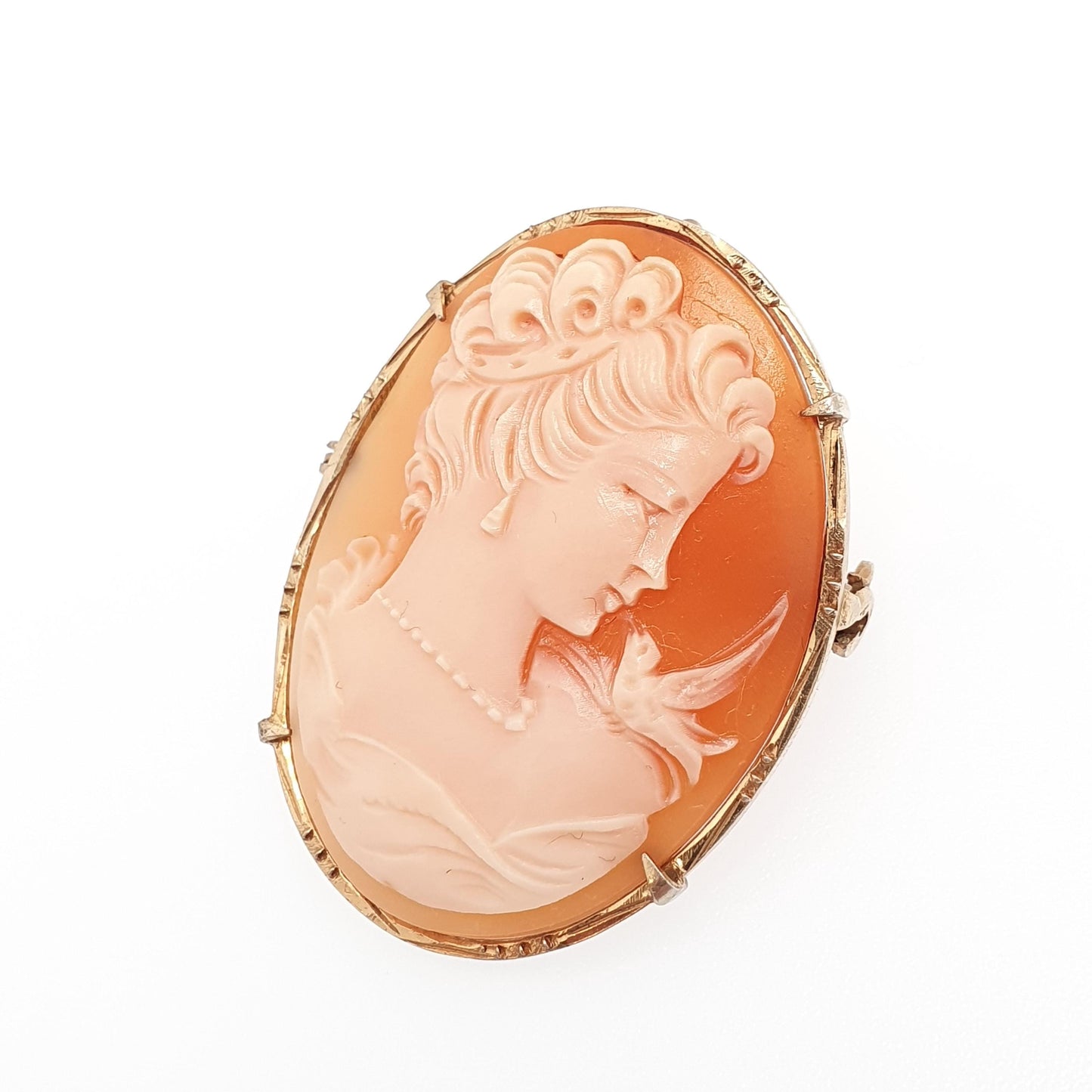 Vintage Solid Silver Bird Cameo Pendant Brooch Woman Necklace Gold Vermeil Genuine Shell 1970s Womens Jewelry Jewellery