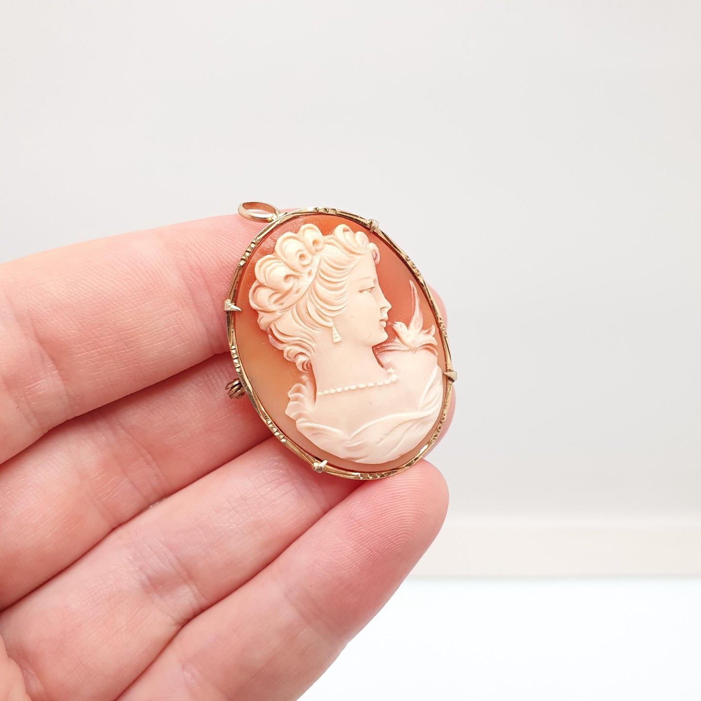 Vintage Solid Silver Bird Cameo Pendant Brooch Woman Necklace Gold Vermeil Genuine Shell 1970s Womens Jewelry Jewellery