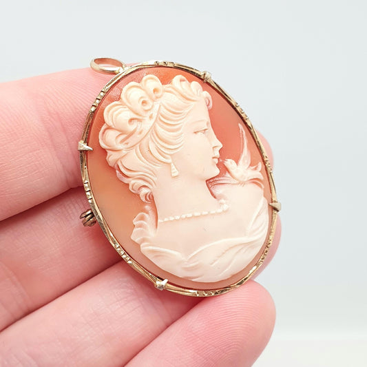 Vintage Solid Silver Bird Cameo Pendant Brooch Woman Necklace Gold Vermeil Genuine Shell 1970s Womens Jewelry Jewellery