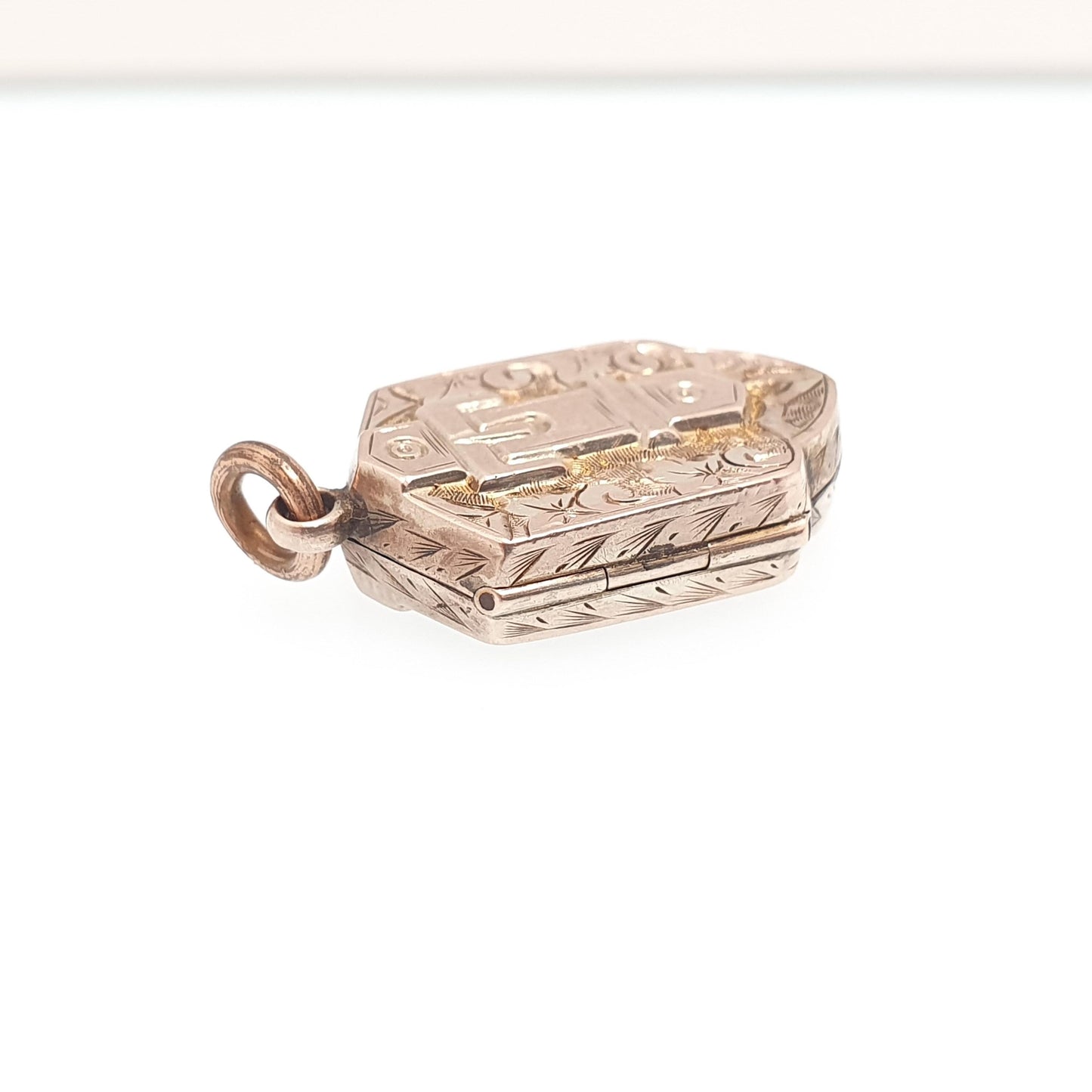 Antique Victorian 9ct Rose Gold Locket Buckle Shield Shape Hand Engraved Pendant Solid 375 9k Front Back Vintage Jewelry Jewellery