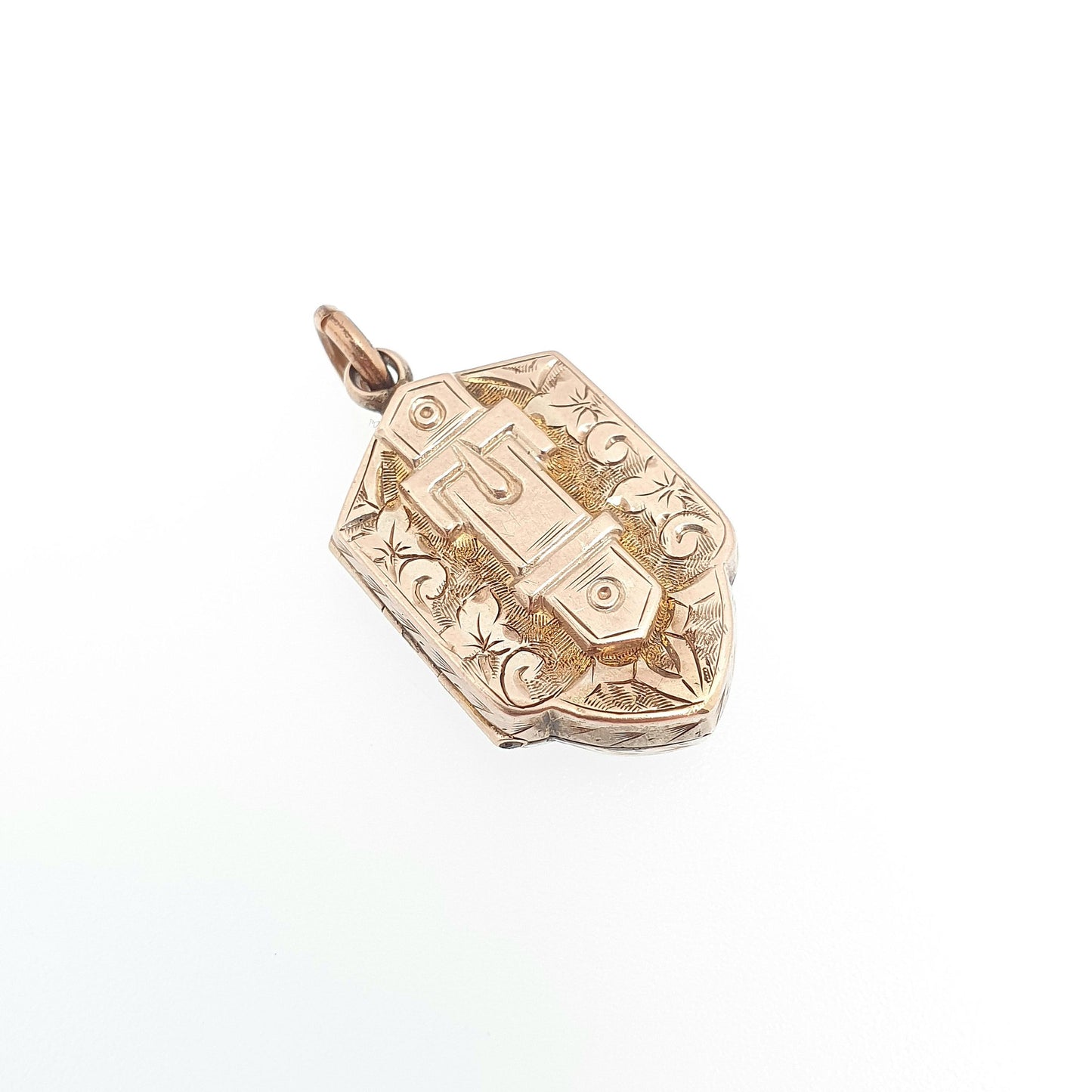 Antique Victorian 9ct Rose Gold Locket Buckle Shield Shape Hand Engraved Pendant Solid 375 9k Front Back Vintage Jewelry Jewellery