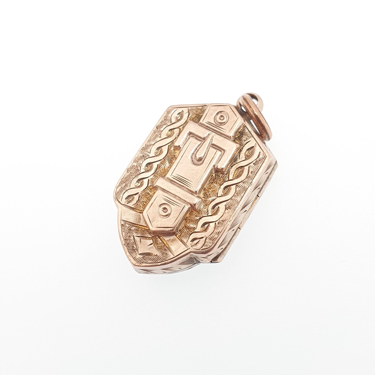 Antique Victorian 9ct Rose Gold Locket Buckle Shield Shape Hand Engraved Pendant Solid 375 9k Front Back Vintage Jewelry Jewellery