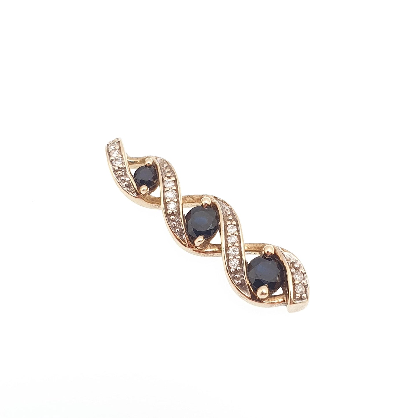 Vintage 9k 9ct Gold Sapphire & Diamond Necklace Helix Pendant Twist Solid 375 Yellow Womens Jewelry Retro Jewellery