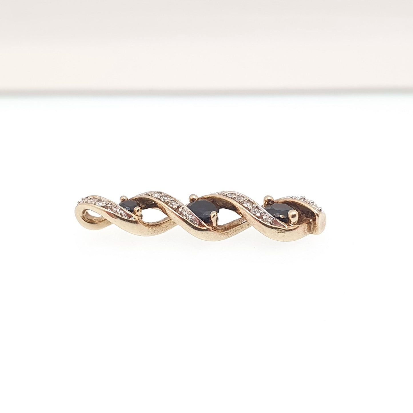 Vintage 9k 9ct Gold Sapphire & Diamond Necklace Helix Pendant Twist Solid 375 Yellow Womens Jewelry Retro Jewellery