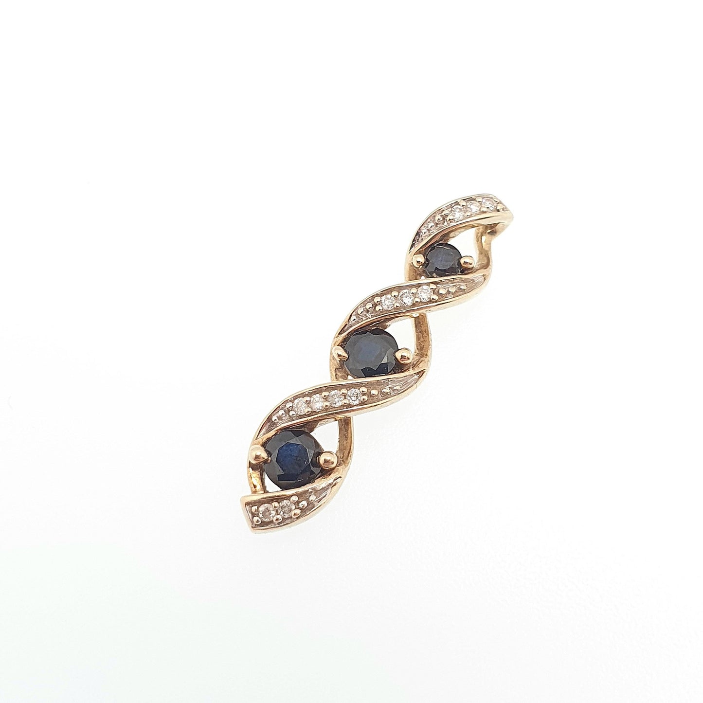 Vintage 9k 9ct Gold Sapphire & Diamond Necklace Helix Pendant Twist Solid 375 Yellow Womens Jewelry Retro Jewellery