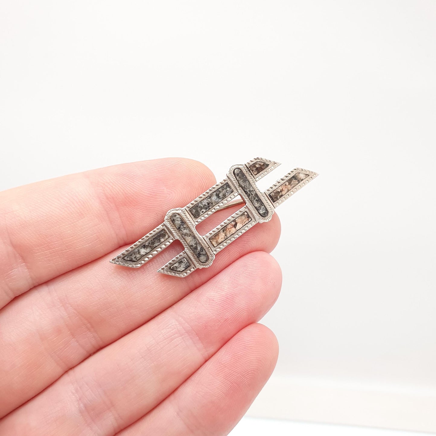 Antique Sterling Silver Scottish Granite Brooch Equals Parallel Traversal Pink Aberdeenshire Feldspar Scotland Vintage Womens Jewelry