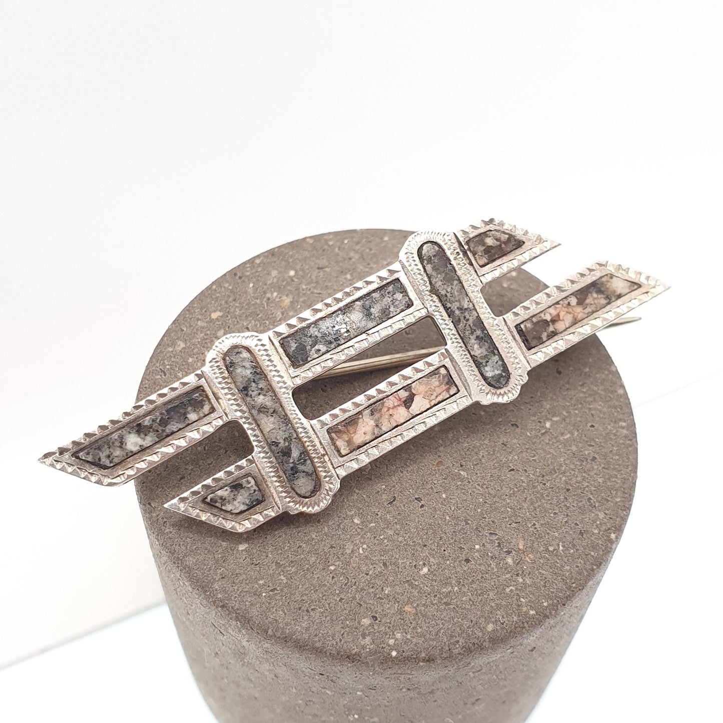 Antique Sterling Silver Scottish Granite Brooch Equals Parallel Traversal Pink Aberdeenshire Feldspar Scotland Vintage Womens Jewelry