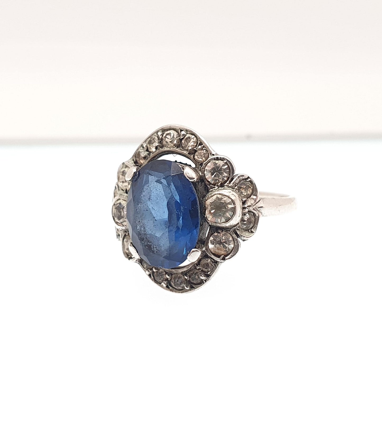 Antique Sterling Silver Sapphire Paste Ring SCP Ciro Diamond Pastes Cluster Cocktail Art Deco 1920s Vintage Ladies Womens Jewelry Jewellery