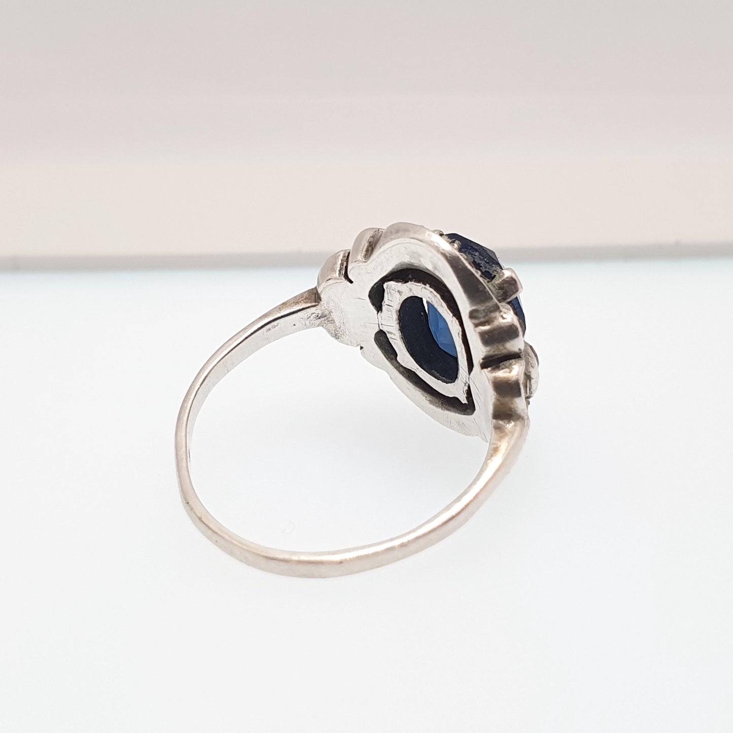 Antique Sterling Silver Sapphire Paste Ring SCP Ciro Diamond Pastes Cluster Cocktail Art Deco 1920s Vintage Ladies Womens Jewelry Jewellery