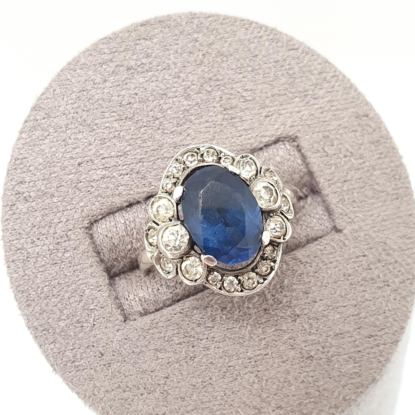 Antique Sterling Silver Sapphire Paste Ring SCP Ciro Diamond Pastes Cluster Cocktail Art Deco 1920s Vintage Ladies Womens Jewelry Jewellery