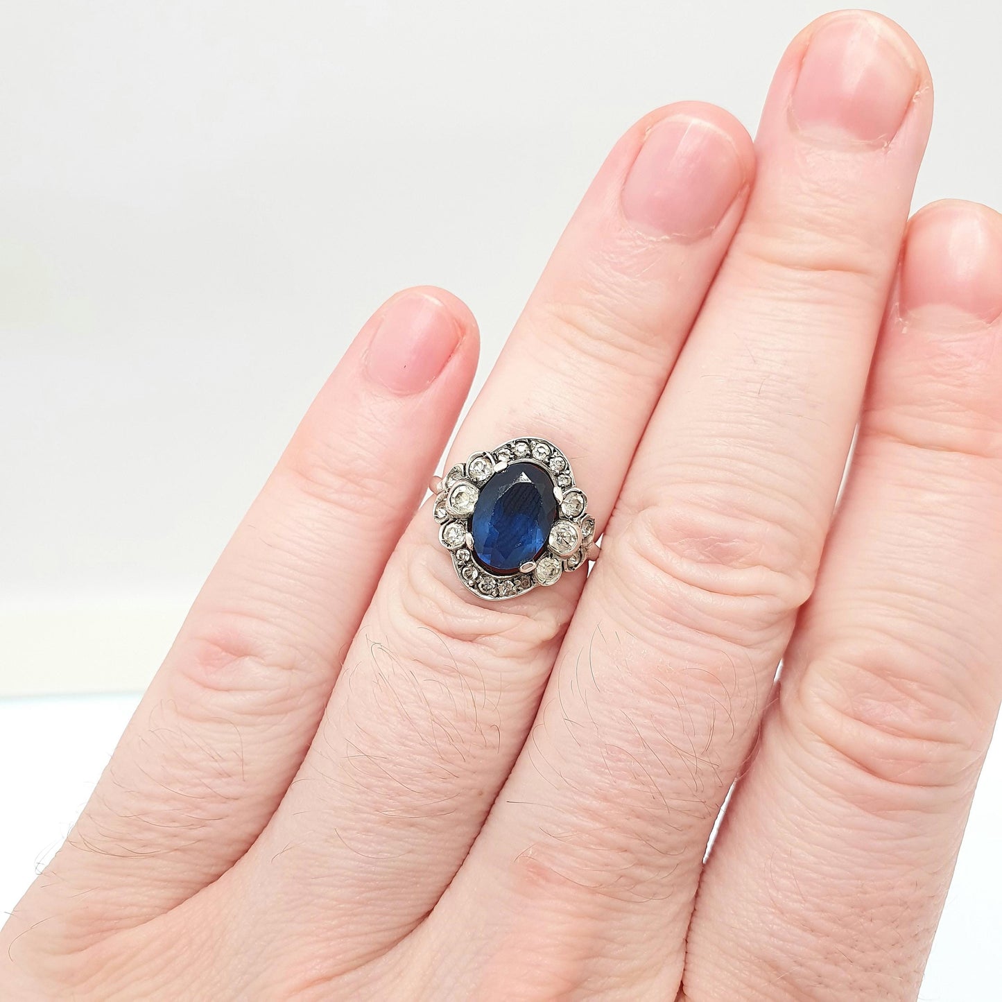 Antique Sterling Silver Sapphire Paste Ring SCP Ciro Diamond Pastes Cluster Cocktail Art Deco 1920s Vintage Ladies Womens Jewelry Jewellery