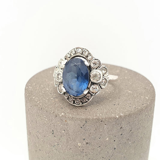 Antique Sterling Silver Sapphire Paste Ring SCP Ciro Diamond Pastes Cluster Cocktail Art Deco 1920s Vintage Ladies Womens Jewelry Jewellery
