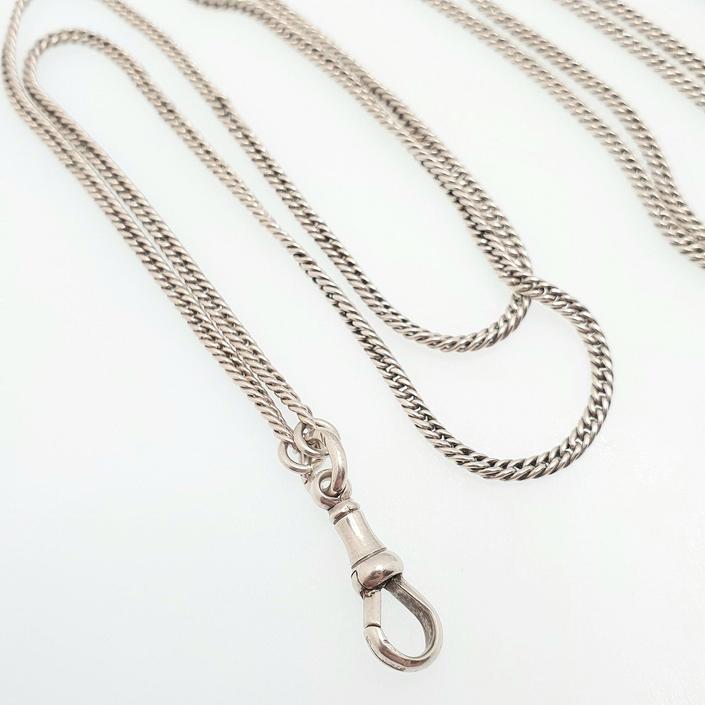 Antique Victorian Muff Chain Sterling Silver Necklace Dog Clip 156cm 61.4" 42.19g Curb Link Very Long Heavy Guard Solid 925 Vintage Womens
