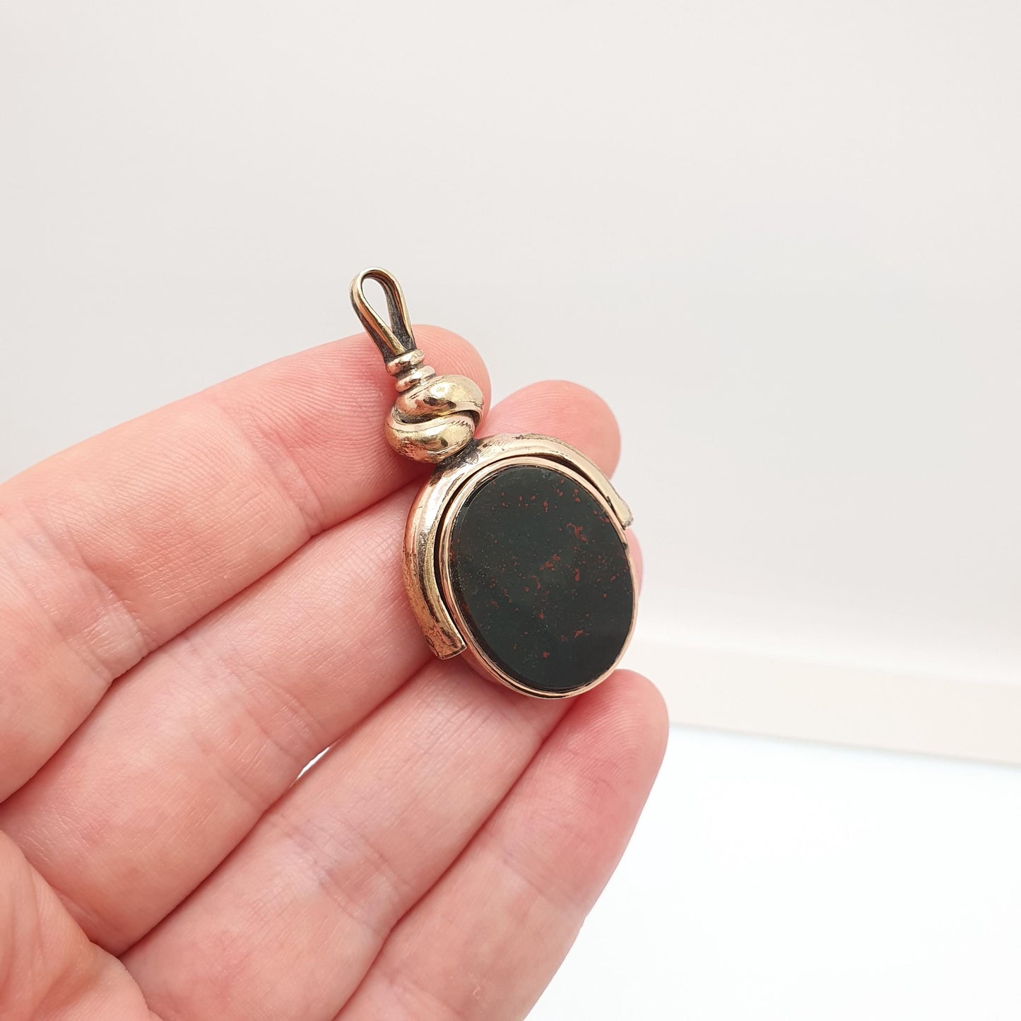 Antique Rose Rolled Gold Spinner Fob Necklace Bloodstone Carnelian Victorian Albert Pendant Large Gemstone Vintage Mens Womens Jewelry