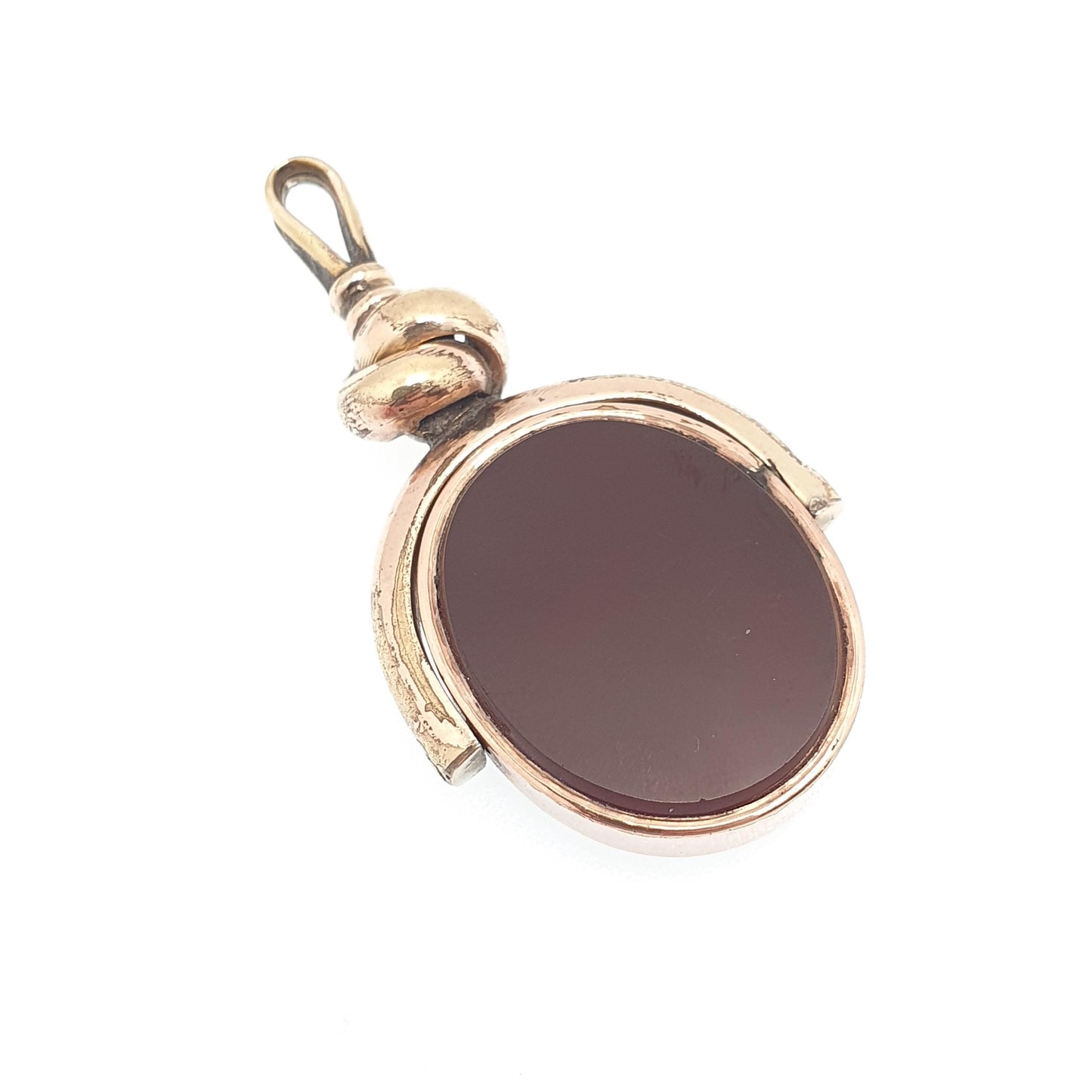 Antique Rose Rolled Gold Spinner Fob Necklace Bloodstone Carnelian Victorian Albert Pendant Large Gemstone Vintage Mens Womens Jewelry