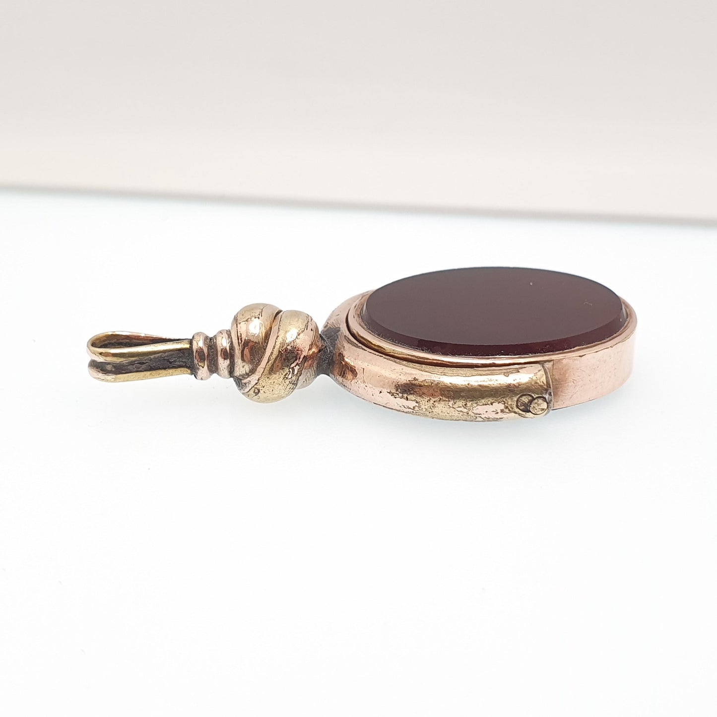 Antique Rose Rolled Gold Spinner Fob Necklace Bloodstone Carnelian Victorian Albert Pendant Large Gemstone Vintage Mens Womens Jewelry