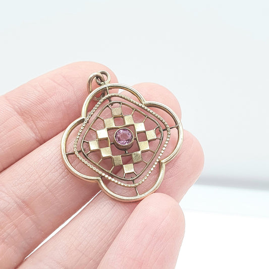 Antique Edwardian Rolled Gold Pink Paste Pendant Openwork Gold Filled Womens Vintage Jewellery Jewelry