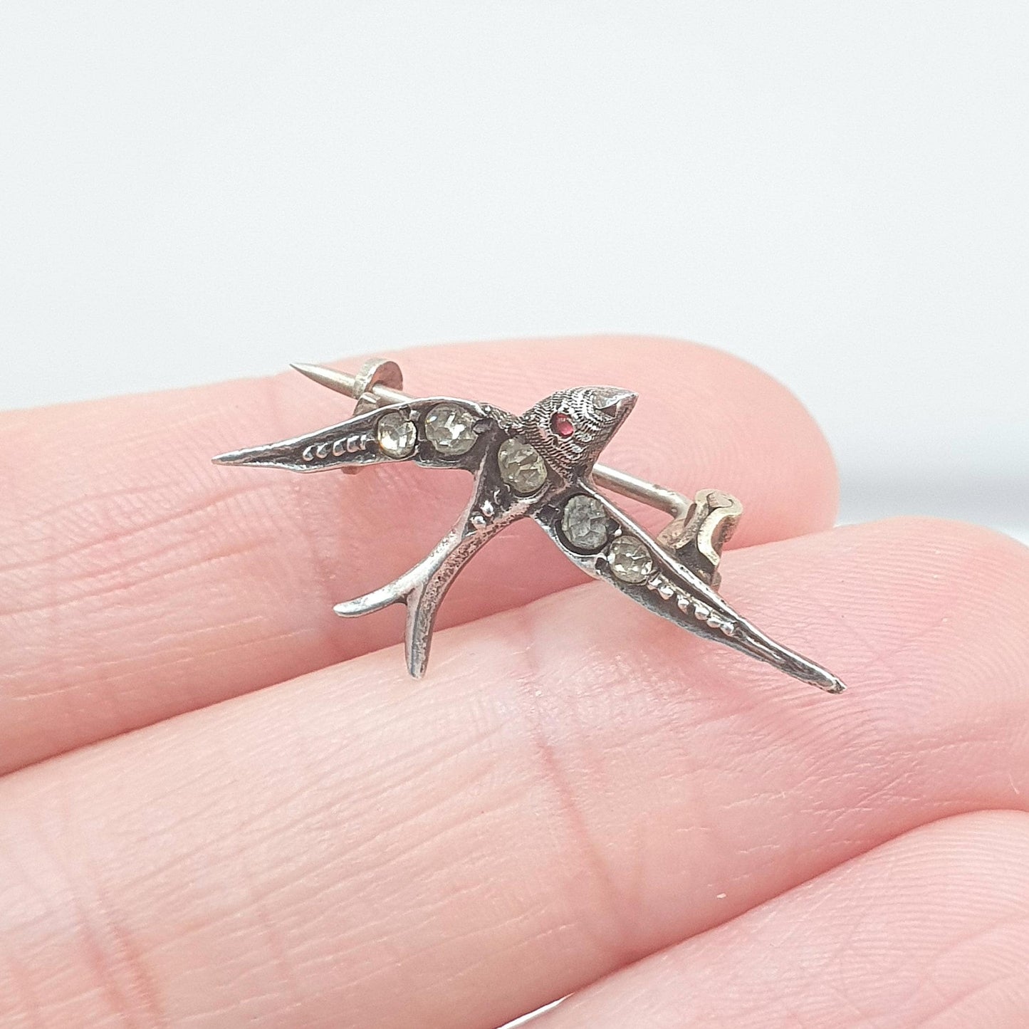 Antique Victorian Solid Silver Diamond Paste Bird Brooch Swallow Sweet Songbird Small Cute Womens Jewelry Jewellery