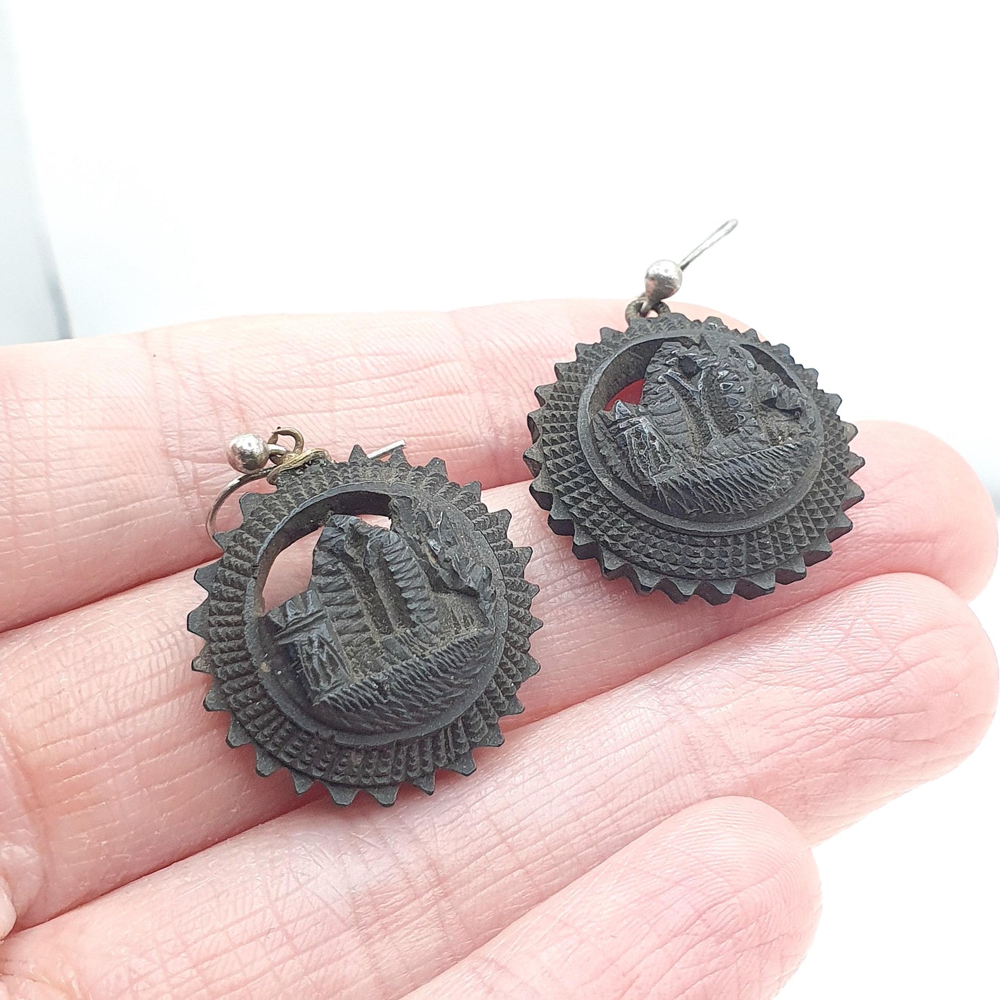 Antique Victorian Black Vulcanite Earrings Castle Whitby Abbey Designed to look like Whitby Jet Jewelry Jewellery Old Vintage Womens