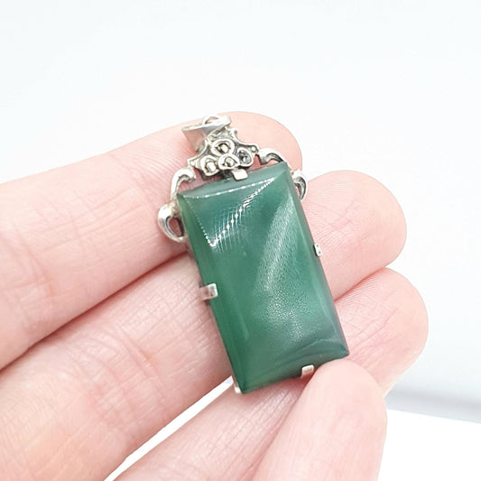 Antique Art Deco Solid Silver Chrysoprase & Marcasite Pendant Flapper 1920s Vintage Green Teal Gemstone Womens Ladies Jewelry Jewellery