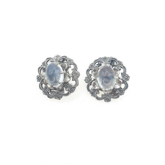 Antique Silver Plate Moonstone Clip On Earrings Czech Adularescence Gemstone Vintage Womens Jewellery Jewelry