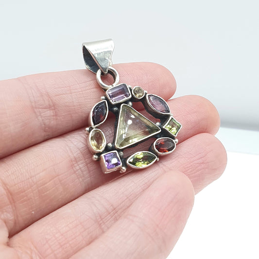 Vintage Sterling Silver Multi Gemstone Pendant Amethyst Garnet Citrine Peridot Gemstones 925 Womens Jewelry Jewellery