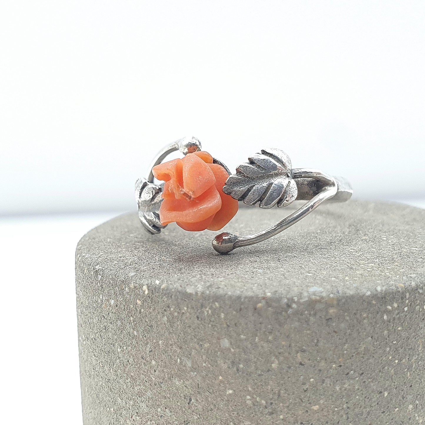 Antique Solid Silver Carved Coral Flower Ring Hand Carved Gemstone Orange Womens Ladies Jewelry Jewellery