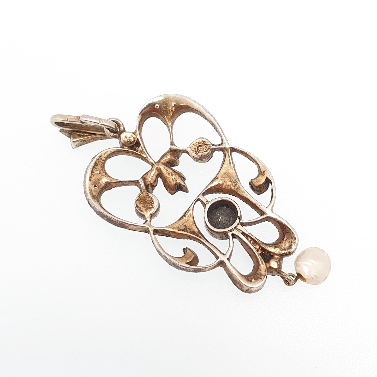 Antique Solid Silver Diamond Paste Pendant Art Nouveau Necklace Freshwater Pearl Hanging Vintage Womens Jewellery Jewelry