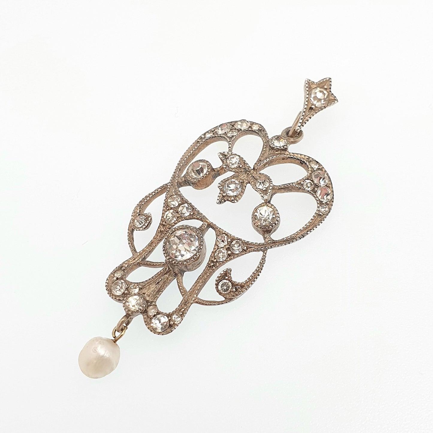 Antique Solid Silver Diamond Paste Pendant Art Nouveau Necklace Freshwater Pearl Hanging Vintage Womens Jewellery Jewelry