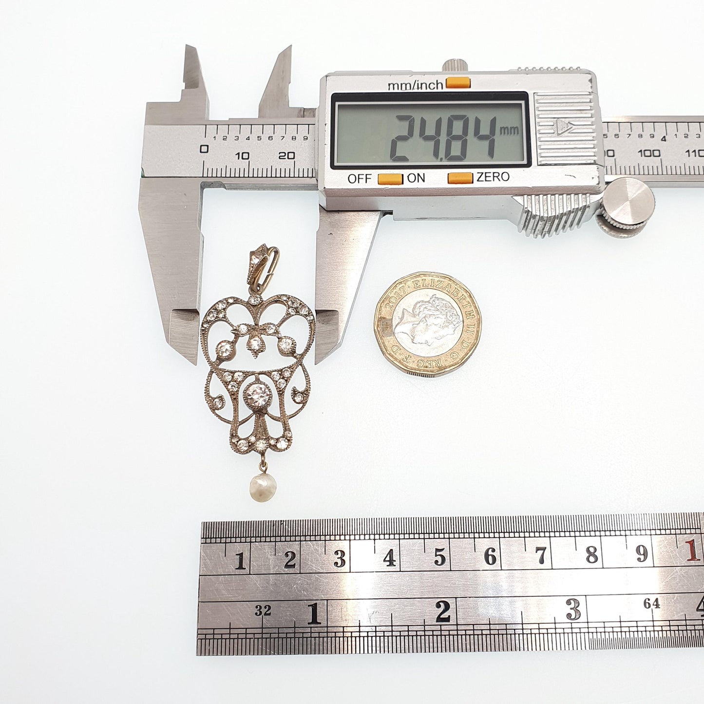 Antique Solid Silver Diamond Paste Pendant Art Nouveau Necklace Freshwater Pearl Hanging Vintage Womens Jewellery Jewelry